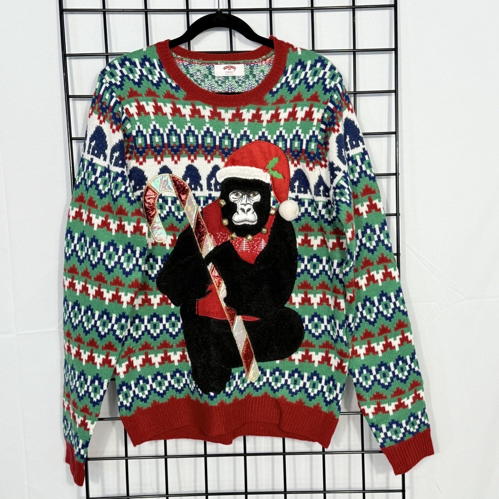 Ugly Christmas Sweater Adult Medium Gorilla Candy Cane Jingle Bells Holiday
